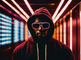 photo of black man in black hoodie in server data center room with neon light, generative AI