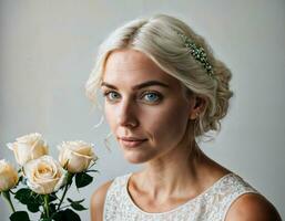 photo of beautiful woman in blonde hair color with white rose background, generative AI