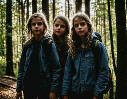 foto grupo de Adolescente como un mochilero en el oscuro madera, generativo ai