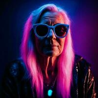 photo of middle aged old woman with with mixed pink and blue neon light, generative AI