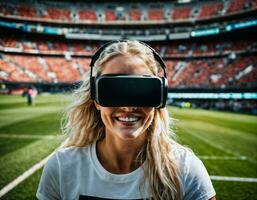 photo of beautiful woman with VR glasses headset at stadium sport arena, generative AI