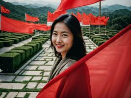 foto de joven asiático mujer con rojo bandera ondulación en el viento, generativo ai