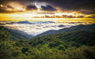 photo of landscape mountain view with fluffy smoke and cloud, generative AI