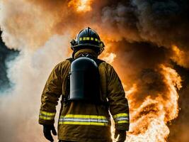 photo of firefighter with big fire cloud and smoke in background, generative AI