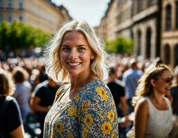 foto de hermosa mujer a desfile calle en Europa país, generativo ai