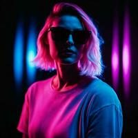 photo of beautiful woman with with mixed pink and blue neon light, generative AI