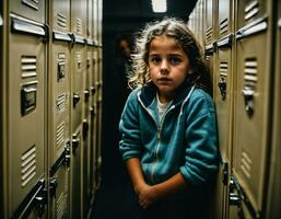 photo of scary girl kid in locker room, generative AI