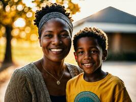 photo of happy family black mother and son, generative AI