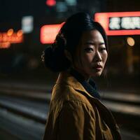 photo of asian woman at street night with light, generative AI