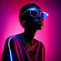 photo of middle aged old African woman with with mixed pink and blue neon light, generative AI