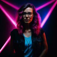 photo of beautiful woman with with mixed pink and blue neon light, generative AI