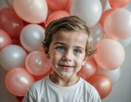 foto Sesión de fotos de niño con globos en blanco fondo, generativo ai