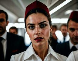 photo of rage angry air hostess crew woman arguing the other with wound on face, generative AI