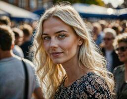 foto de hermosa mujer a desfile calle en Europa país, generativo ai