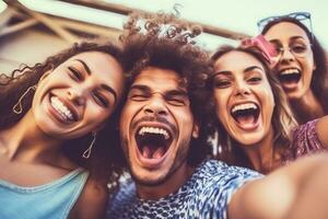 Multicultural friends taking selfie pic with cellphone outside - Happy young people having fun hanging out on city street - Summer vacation concept with guys and girls enjoying Generative AI photo