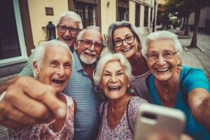 contento grupo de mayor personas sonriente a cámara al aire libre - más viejo amigos tomando selfie Foto con inteligente móvil teléfono dispositivo - vida estilo concepto con pensionistas teniendo divertido juntos generativo ai