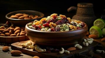 Various dried fruits and nuts on a kitchen table. Copy space. Generative AI photo