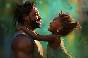 Black, dark-skinned father hugging his daughter. Concept for Happy father's day poster or card template design. Flat illustration Generative AI photo