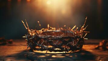 Selective focus crown of thorns of Jesus Christ on wooden background with window light, Vintage tone with copy space Generative AI photo