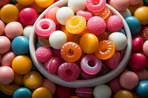 Photo-realistic of colorful candies in aerial view for background made by AI generated photo