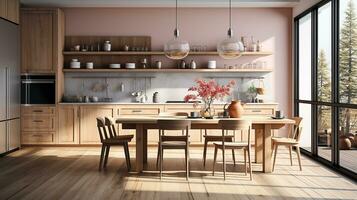 wooden kitchen house in afternoon AI generative photo