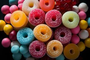 Photo-realistic of colorful candies in aerial view for background made by AI generated photo