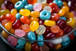 Photo-realistic of colorful candies in aerial view for background made by AI generated photo