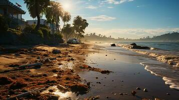 photo-realistic of dirty beach at afternoon with so much garbage AI generated photo