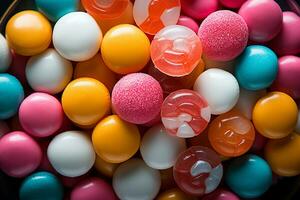 Photo-realistic of colorful candies in aerial view for background made by AI generated photo