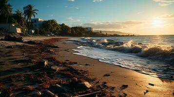 foto-realista de sucio playa a tarde con entonces mucho basura ai generado foto