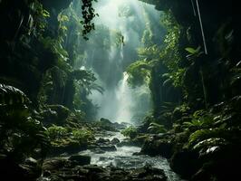 aéreo ver de lluvia bosque a el luz ai generativo foto