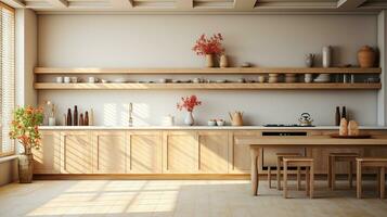 wooden kitchen house in afternoon AI generative photo