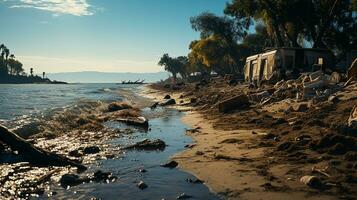 photo-realistic of dirty beach at afternoon with so much garbage AI generated photo