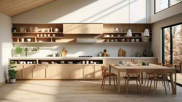 wooden kitchen house in afternoon AI generative photo