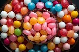 Photo-realistic of colorful candies in aerial view for background made by AI generated photo