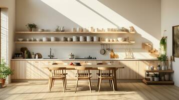 wooden kitchen house in afternoon AI generative photo