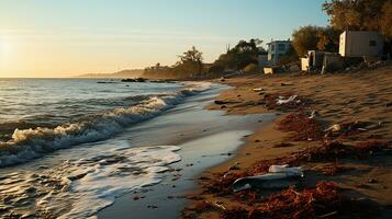 photo-realistic of dirty beach at afternoon with so much garbage AI generated photo