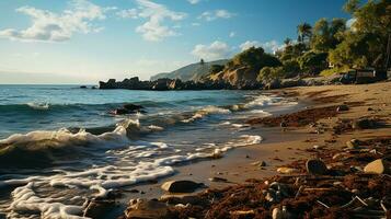 foto-realista de sucio playa a tarde con entonces mucho basura ai generado foto