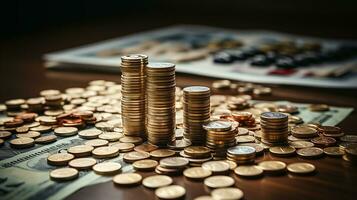 photo-realistic of calculator, money and paper with graphic chart on table AI Generative photo