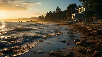 photo-realistic of dirty beach at afternoon with so much garbage AI generated photo