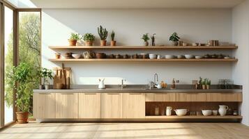 wooden kitchen house in afternoon AI generative photo