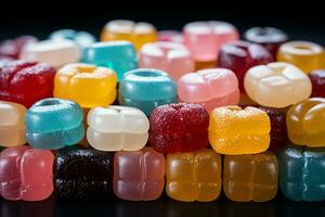 Photo-realistic of colorful candies in aerial view for background made by AI generated photo