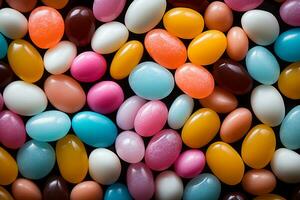 Photo-realistic of colorful candies in aerial view for background made by AI generated photo