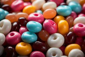 Photo-realistic of colorful candies in aerial view for background made by AI generated photo