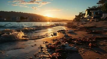 photo-realistic of dirty beach at afternoon with so much garbage AI generated photo