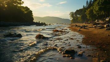 photo-realistic of dirty beach at afternoon with so much garbage AI generated photo