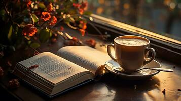 un taza de café con libro y bolígrafo en el de madera mesa ai generado foto