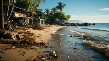 photo-realistic of dirty beach at afternoon with so much garbage AI generated photo