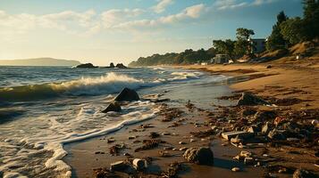 photo-realistic of dirty beach at afternoon with so much garbage AI generated photo