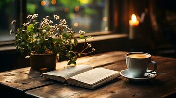 un taza de café con libro y bolígrafo en el de madera mesa ai generado foto